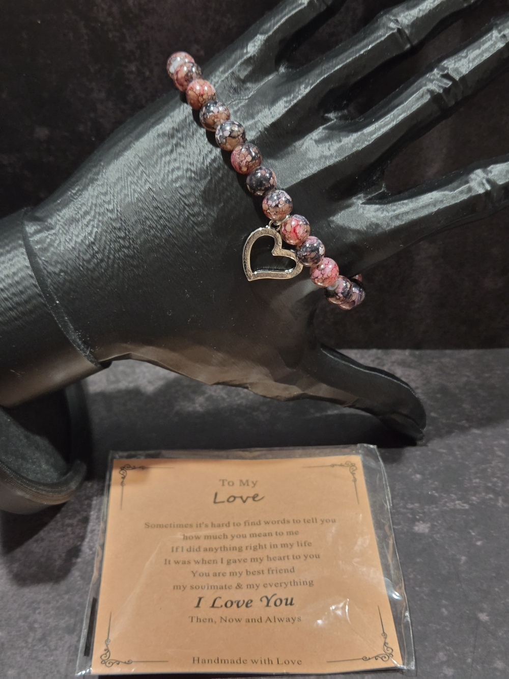 Handmade Pink and Black Beaded Heart Love Bracelet